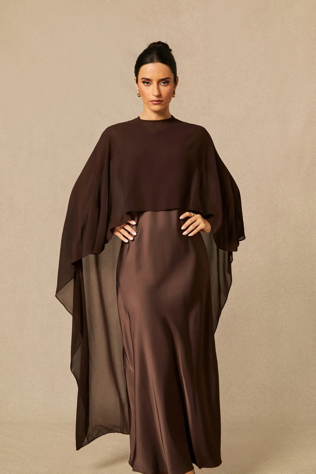 Auralisse | Women's Elegant Batwing Cape Satin-Effect Maxi Dress 14