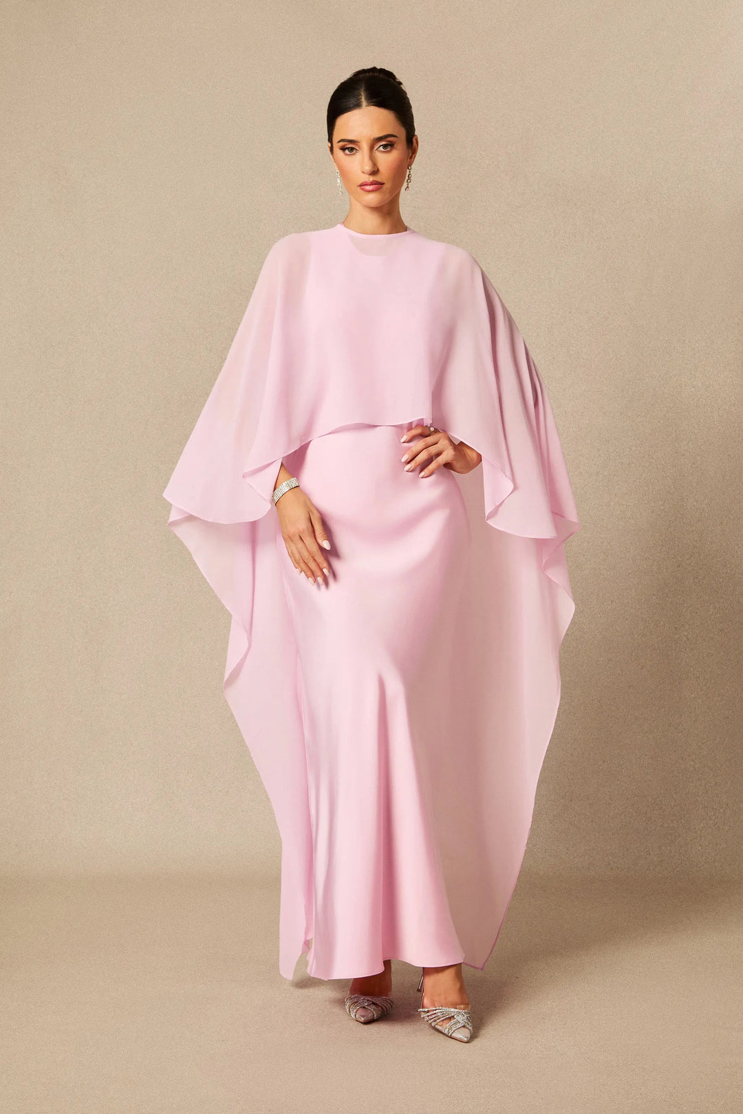 Auralisse | Women's Elegant Batwing Cape Satin-Effect Maxi Dress 7