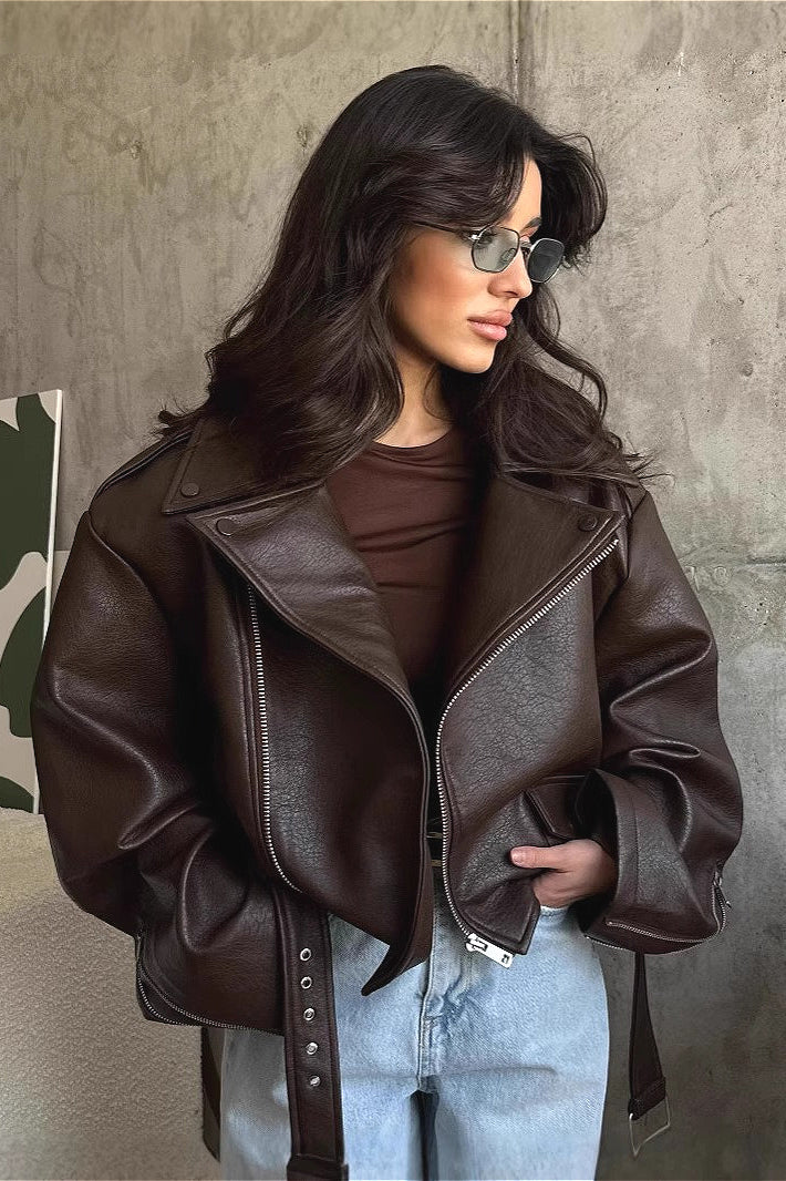 Ravemont | Women's Oversized Cropped Faux Leather Biker Jacket 1
