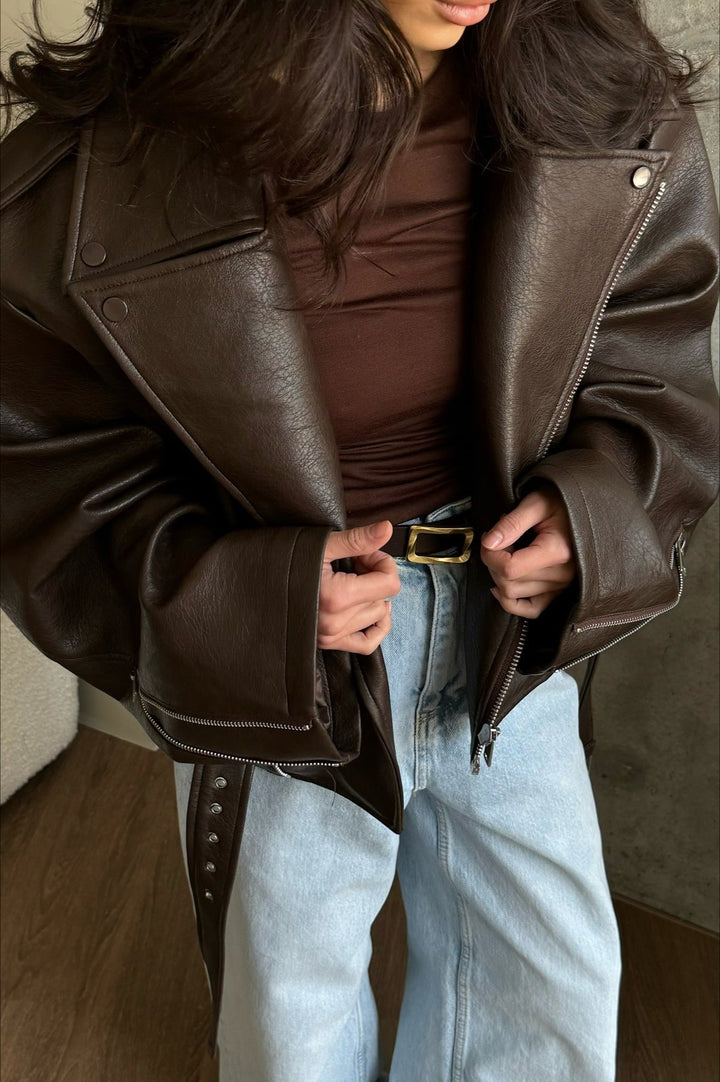 Ravemont | Women's Oversized Cropped Faux Leather Biker Jacket 2