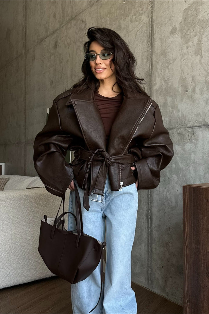 Ravemont | Women's Oversized Cropped Faux Leather Biker Jacket 3