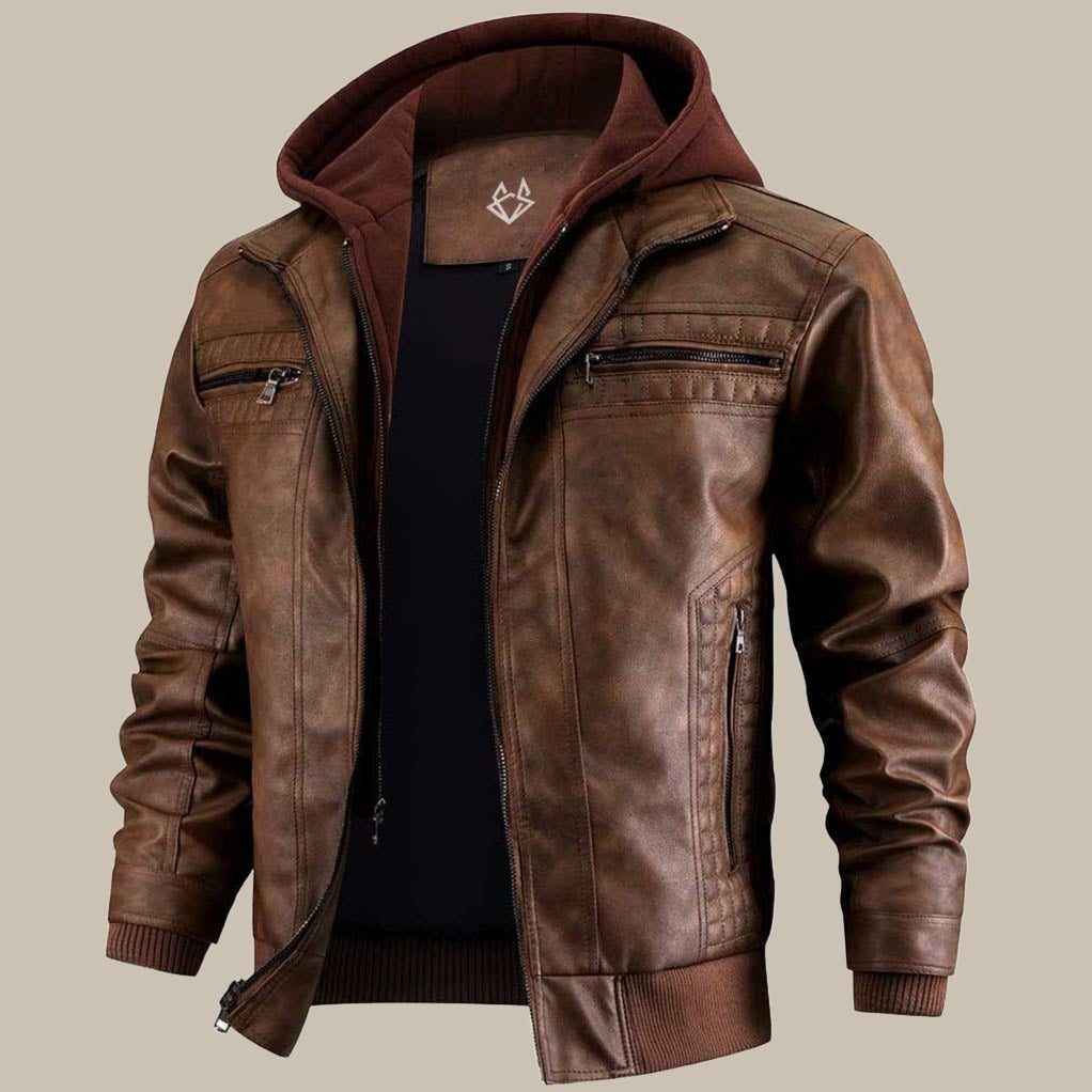 Varexton | Men’s Hooded Faux Leather Jacket with Zip Pockets