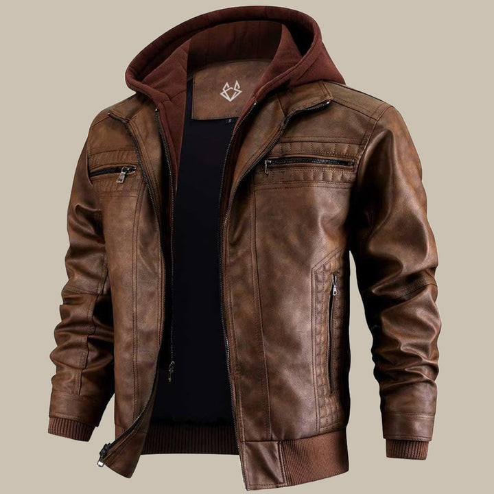 Varexton | Men’s Hooded Faux Leather Jacket with Zip Pockets