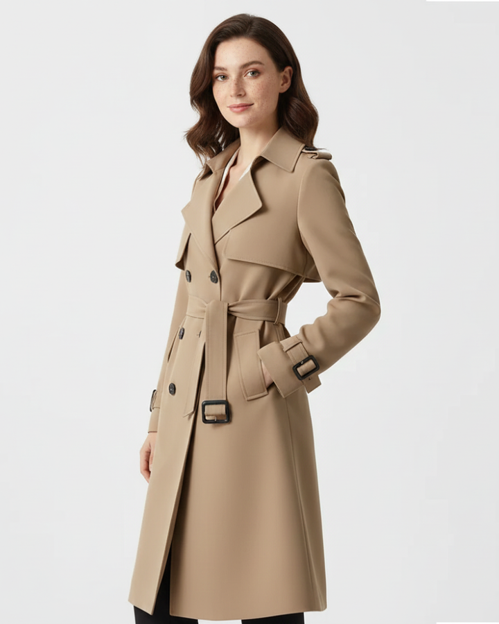 Belvienne | Women’s Elegant Double-Breasted Belted Trench Coat