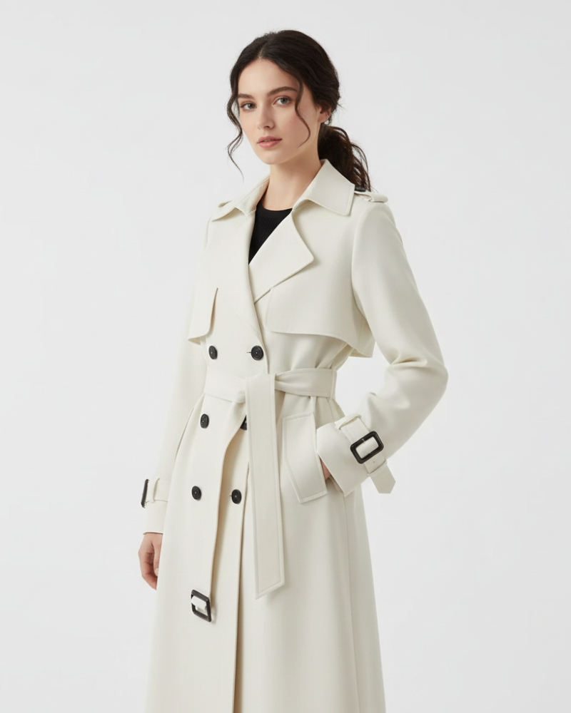 Belvienne | Women’s Elegant Double-Breasted Belted Trench Coat