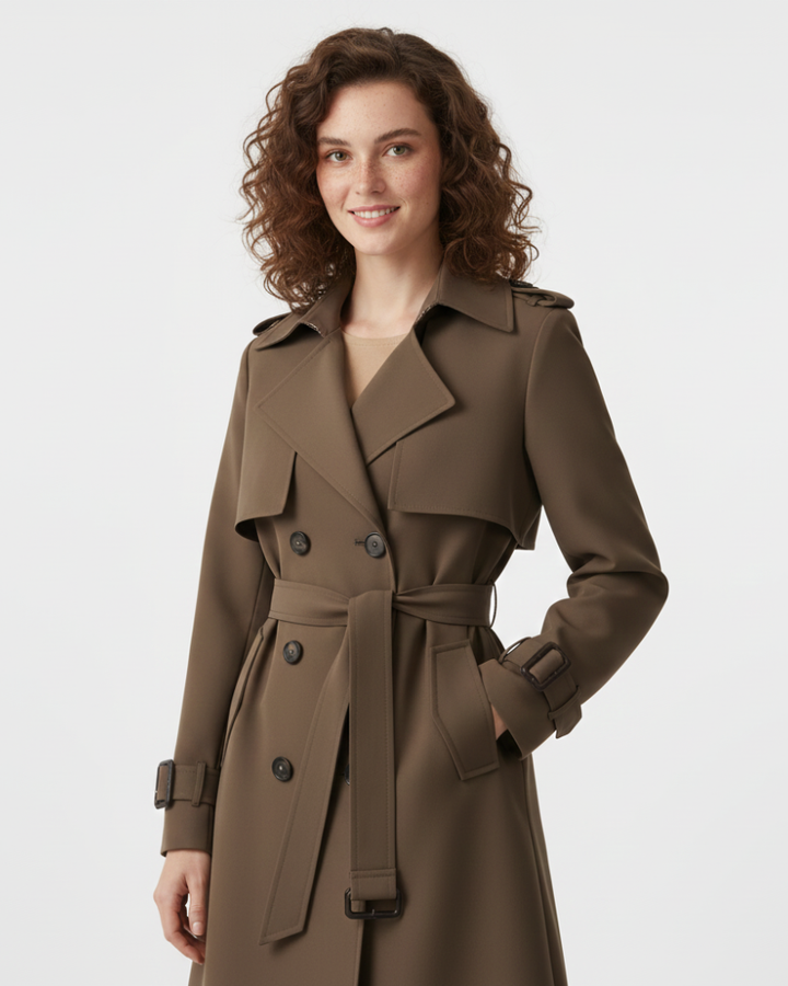 Belvienne | Women’s Elegant Double-Breasted Belted Trench Coat