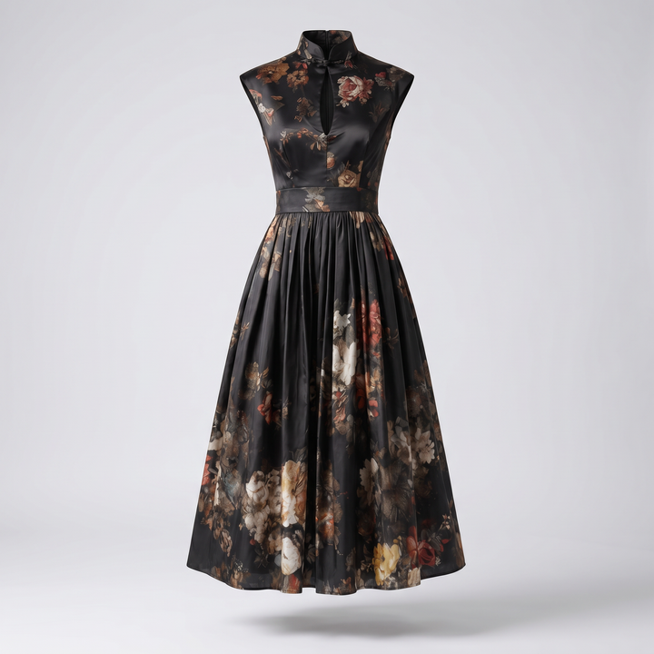 Floriselle | Women's Elegant Floral Pleated Midi Dress – High-Neck Occasion Dress 2