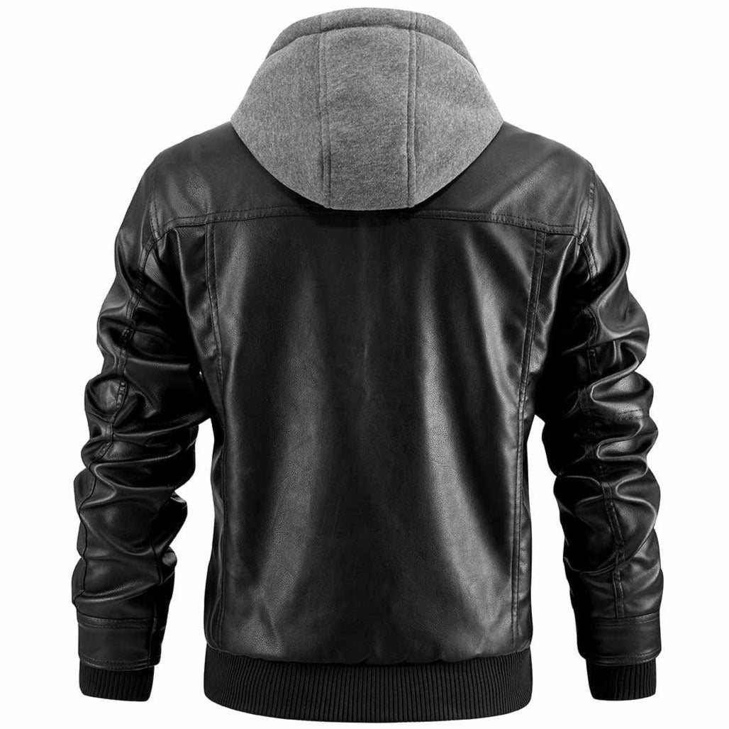 Varexton | Men’s Hooded Faux Leather Jacket with Zip Pockets