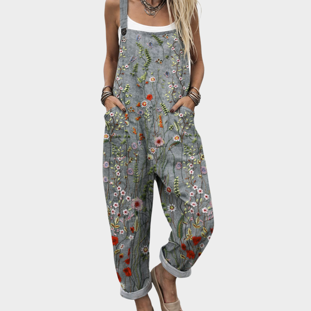 Floravyn | Women's Grey Wildflower Print Relaxed Dungarees 1