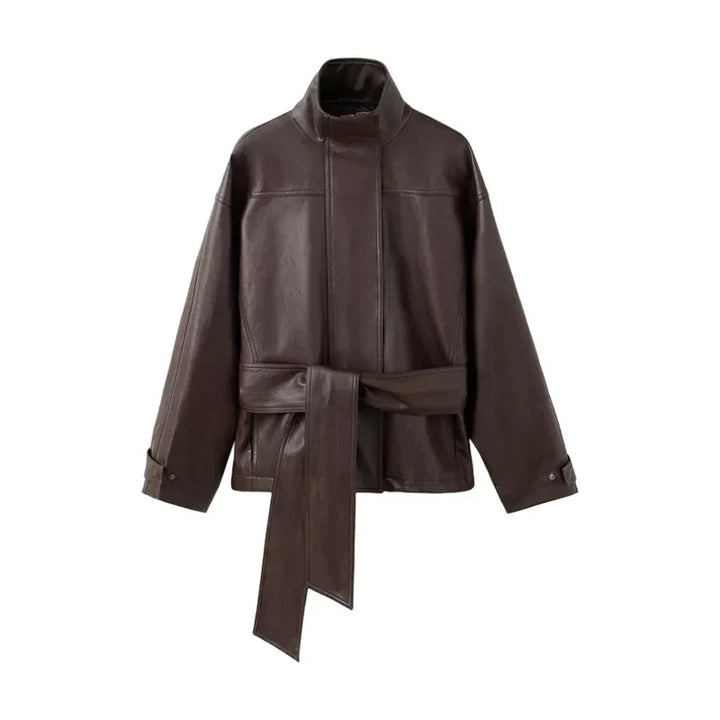 Varellmont | Women's Oversized Belted Faux Leather Coat with Stand Collar 3