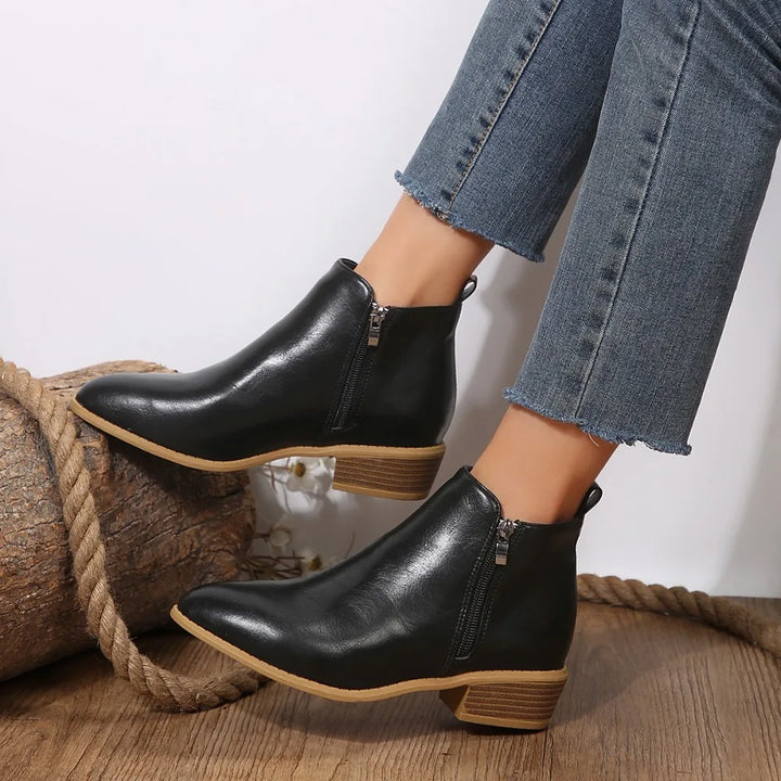 Velmorae | Women's Wide-Fit Faux Leather Block Heel Ankle Boots
