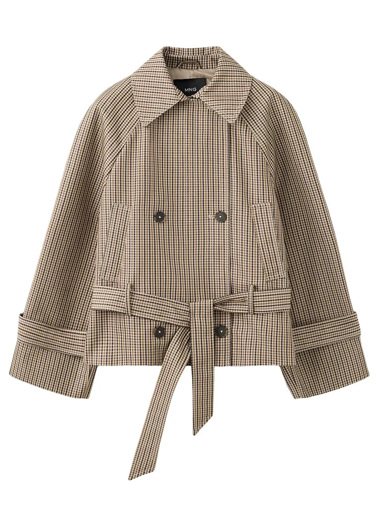 Bravellea | Women's Brown Plaid Double-Breasted Short Trench Coat 7