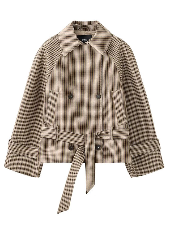 Bravellea | Women's Brown Plaid Double-Breasted Short Trench Coat 7