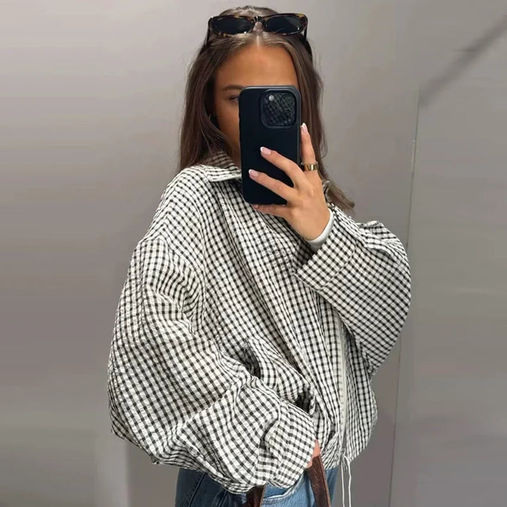 Corvellae | Women's Cropped Plaid Check Zip-Up Bomber Jacket 9