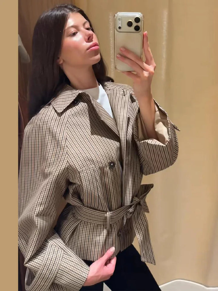 Bravellea | Women's Brown Plaid Double-Breasted Short Trench Coat 4