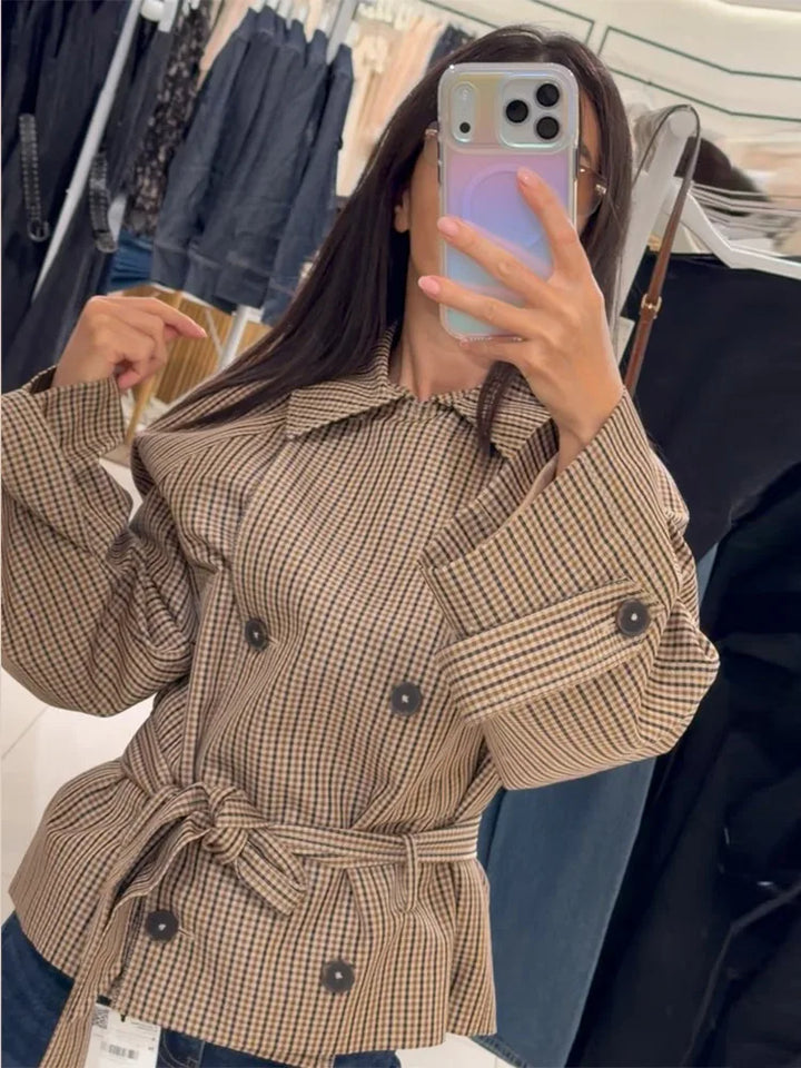 Bravellea | Women's Brown Plaid Double-Breasted Short Trench Coat 6
