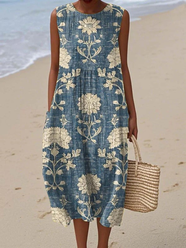 Floramere | Women's Denim Blue Floral Sleeveless Midi Dress – Relaxed Boho Fit 1