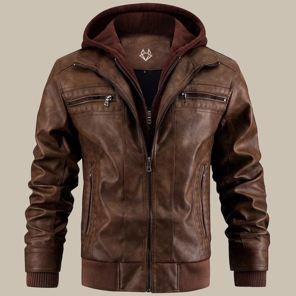 Varexton | Men’s Hooded Faux Leather Jacket with Zip Pockets