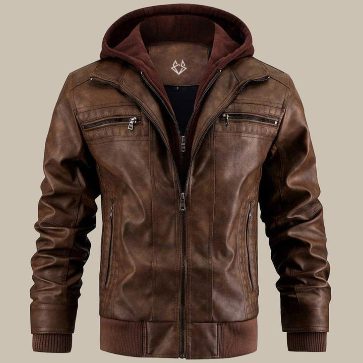 Varexton | Men’s Hooded Faux Leather Jacket with Zip Pockets