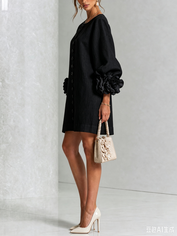 Elvessia | Women's Elegant Mini Shift Dress with Statement Sleeves & Decorative Buttons 16