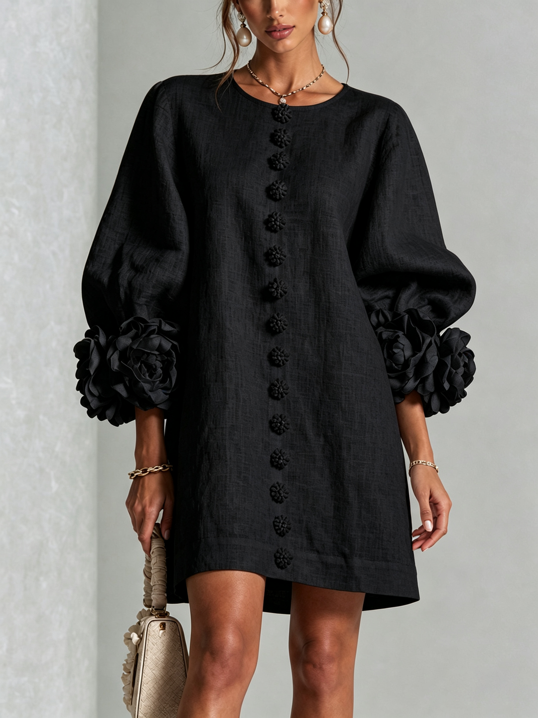 Elvessia | Women's Elegant Mini Shift Dress with Statement Sleeves & Decorative Buttons 15