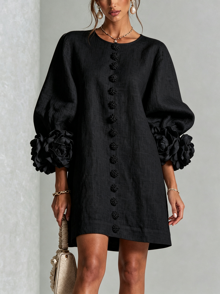 Elvessia | Women's Elegant Mini Shift Dress with Statement Sleeves & Decorative Buttons 15