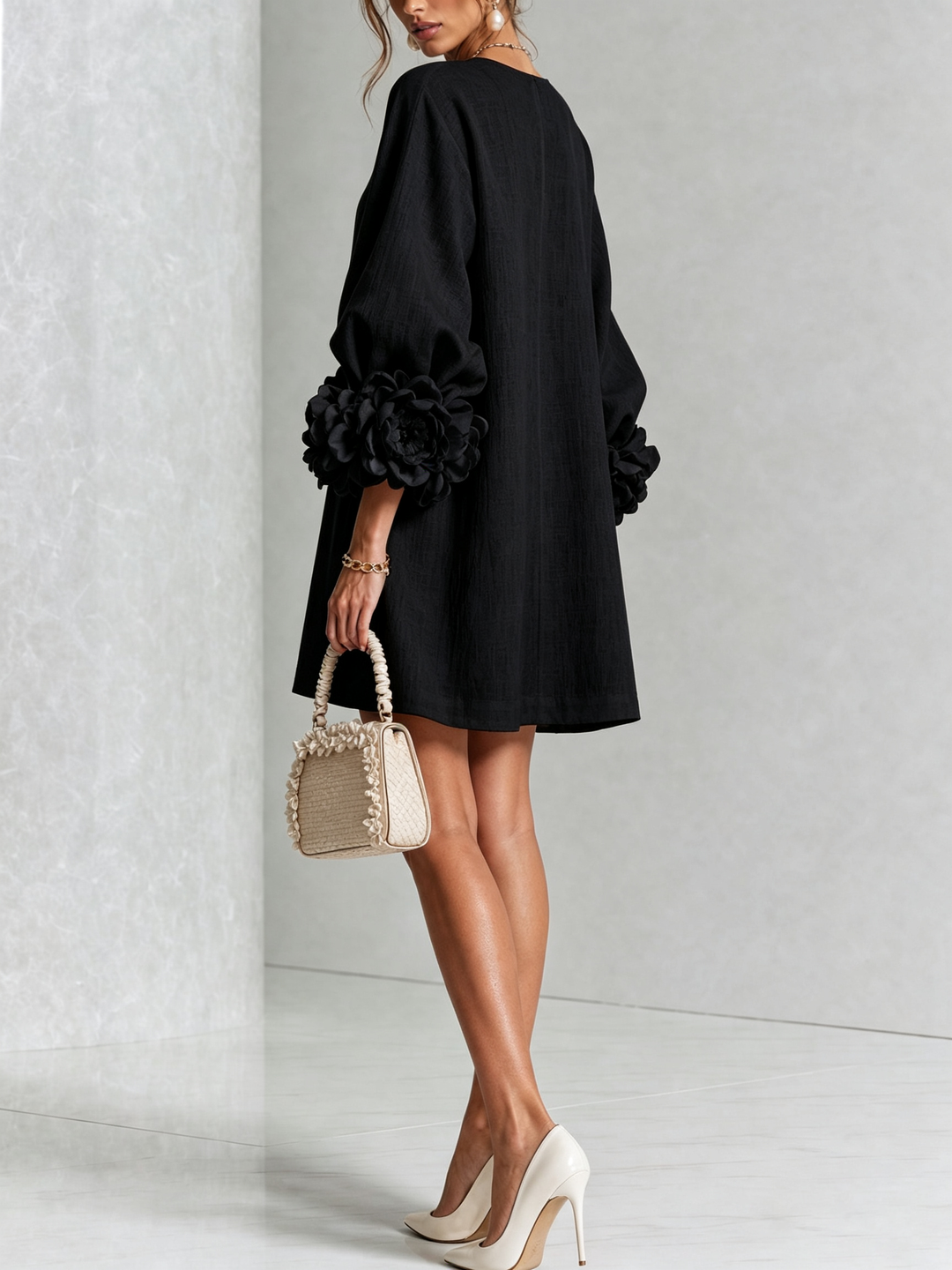 Elvessia | Women's Elegant Mini Shift Dress with Statement Sleeves & Decorative Buttons 17