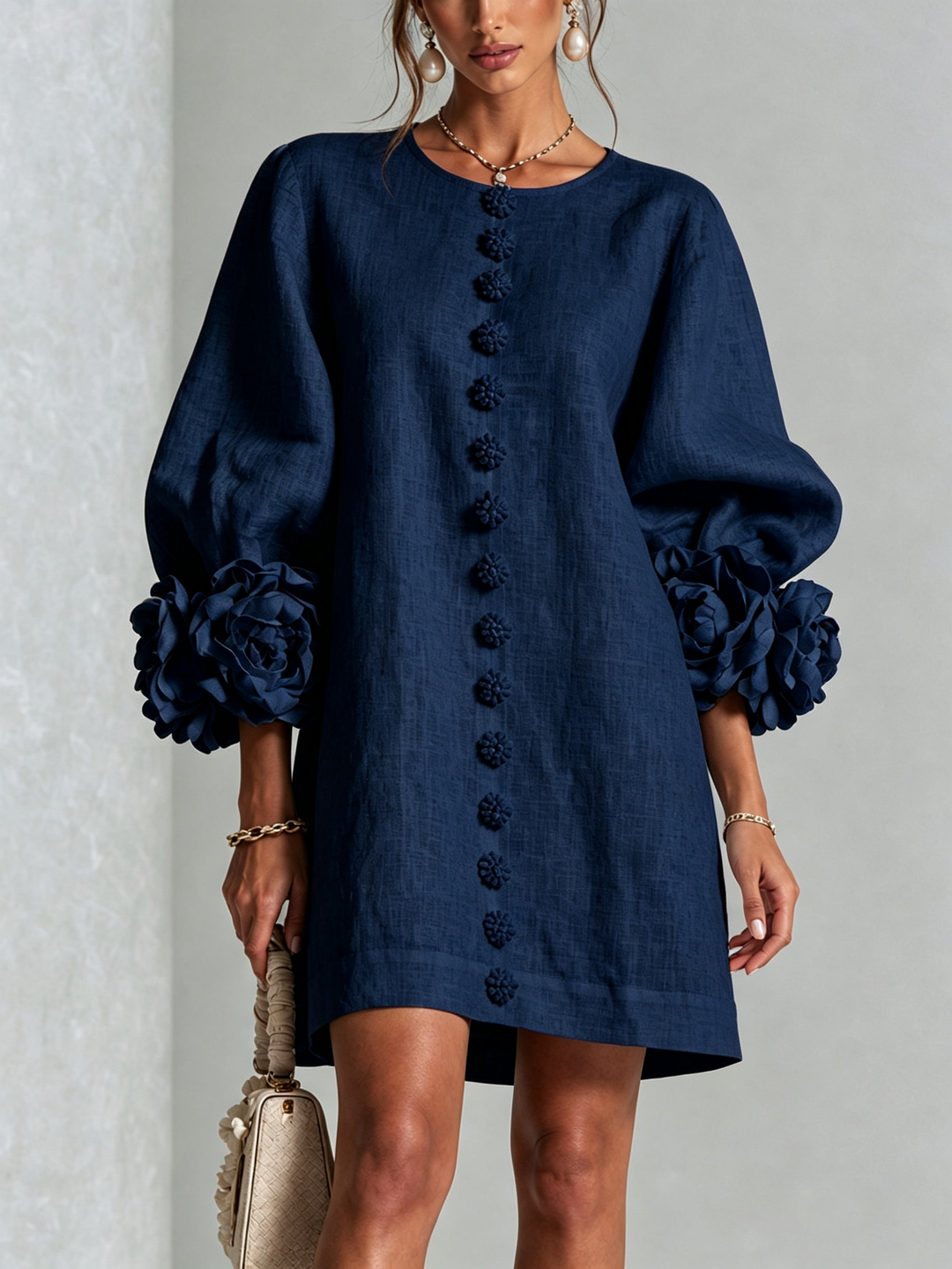 Elvessia | Women's Elegant Mini Shift Dress with Statement Sleeves & Decorative Buttons 11