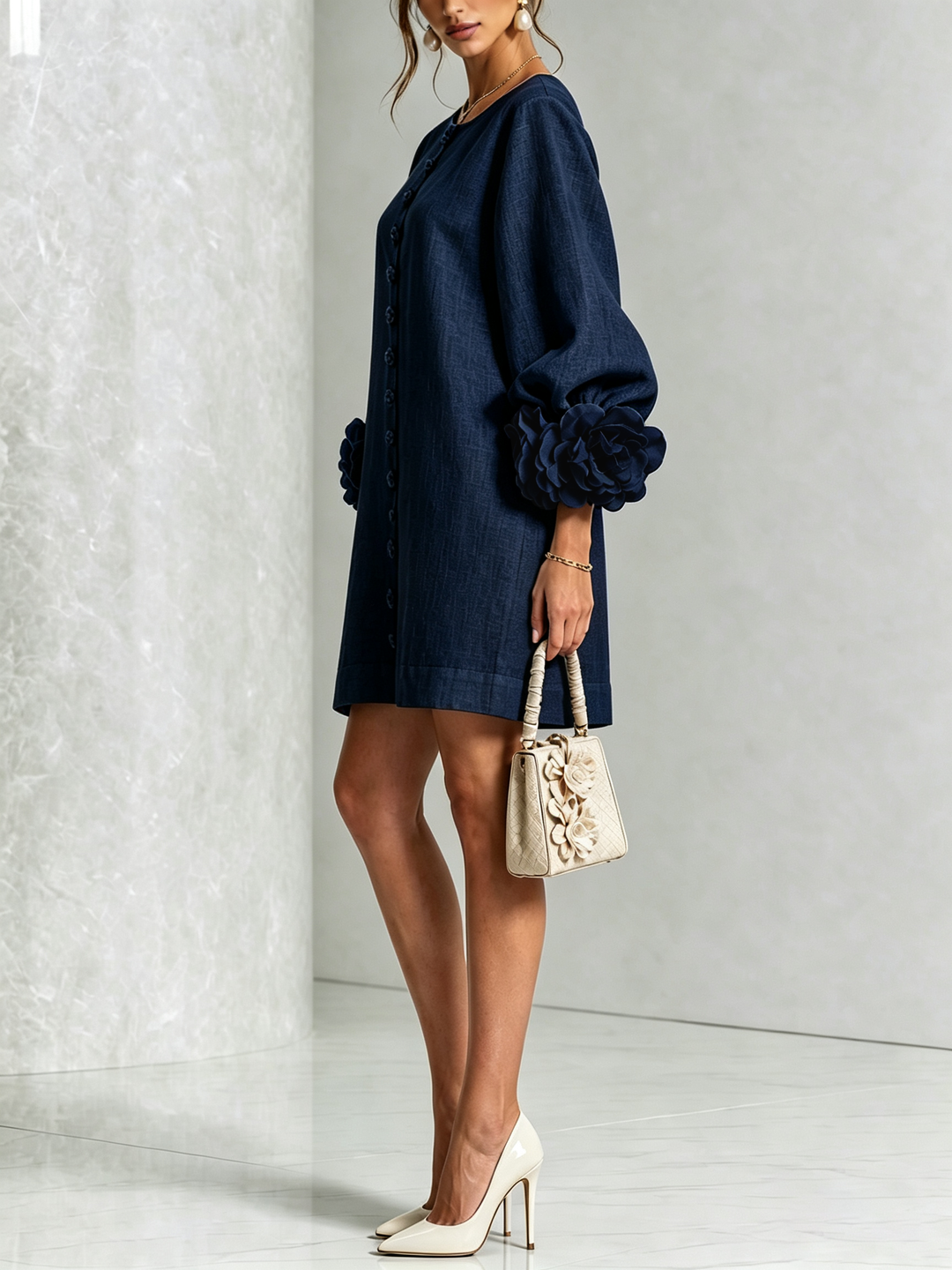 Elvessia | Women's Elegant Mini Shift Dress with Statement Sleeves & Decorative Buttons 12
