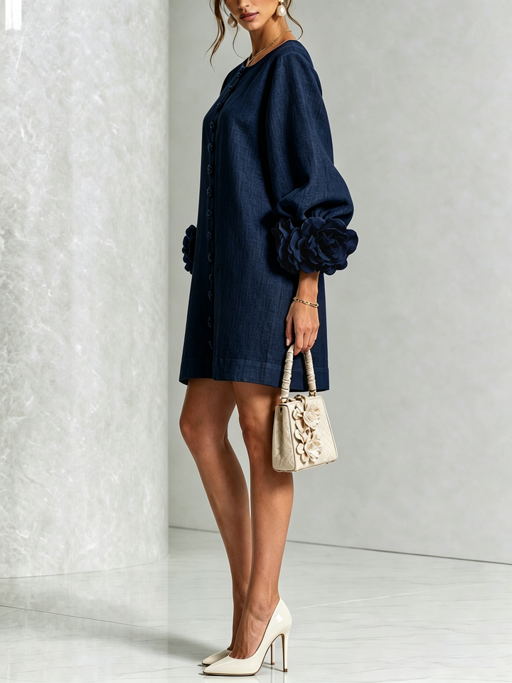 Elvessia | Women's Elegant Mini Shift Dress with Statement Sleeves & Decorative Buttons 12