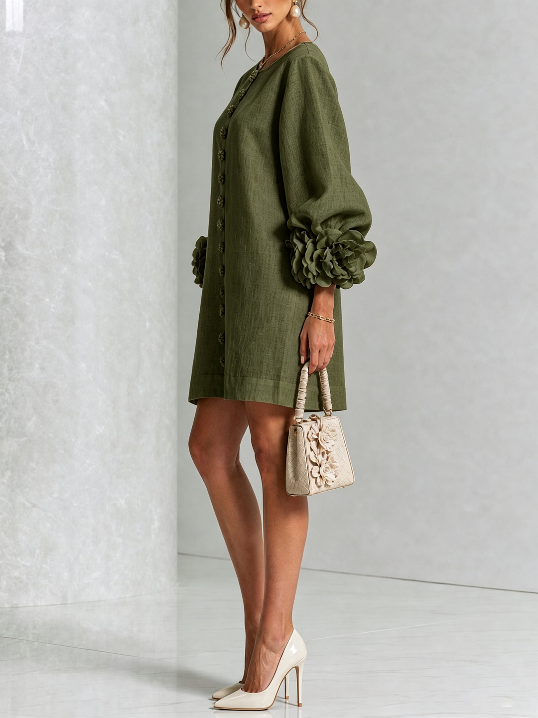 Elvessia | Women's Elegant Mini Shift Dress with Statement Sleeves & Decorative Buttons 8