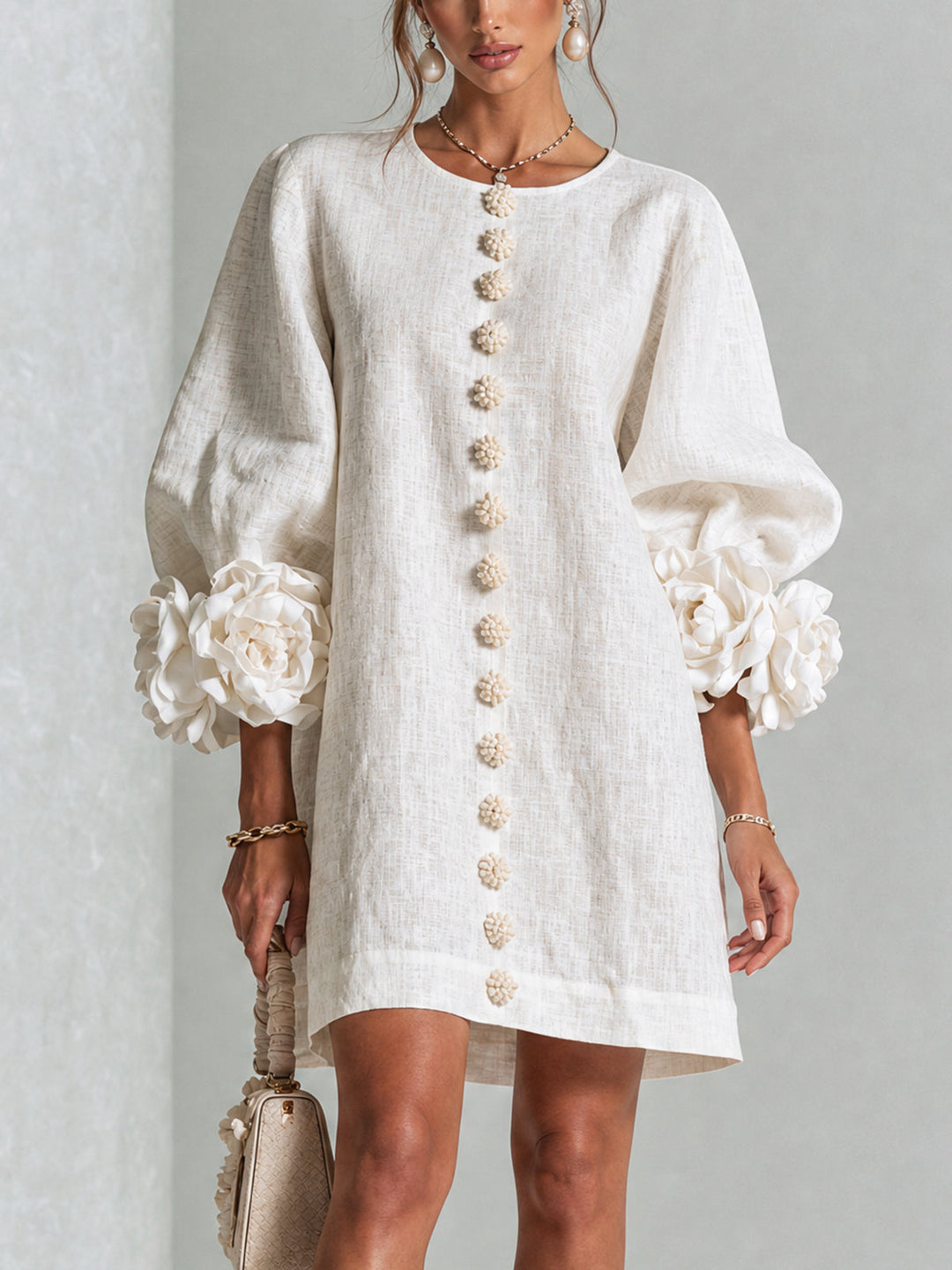 Elvessia | Women's Elegant Mini Shift Dress with Statement Sleeves & Decorative Buttons 1