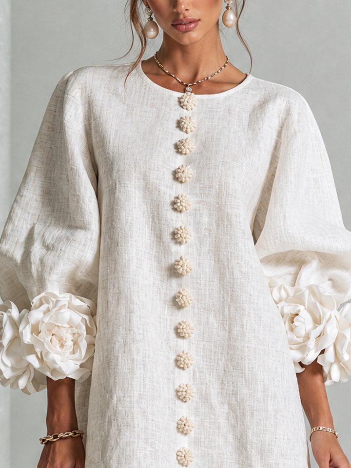Elvessia | Women's Elegant Mini Shift Dress with Statement Sleeves & Decorative Buttons 5