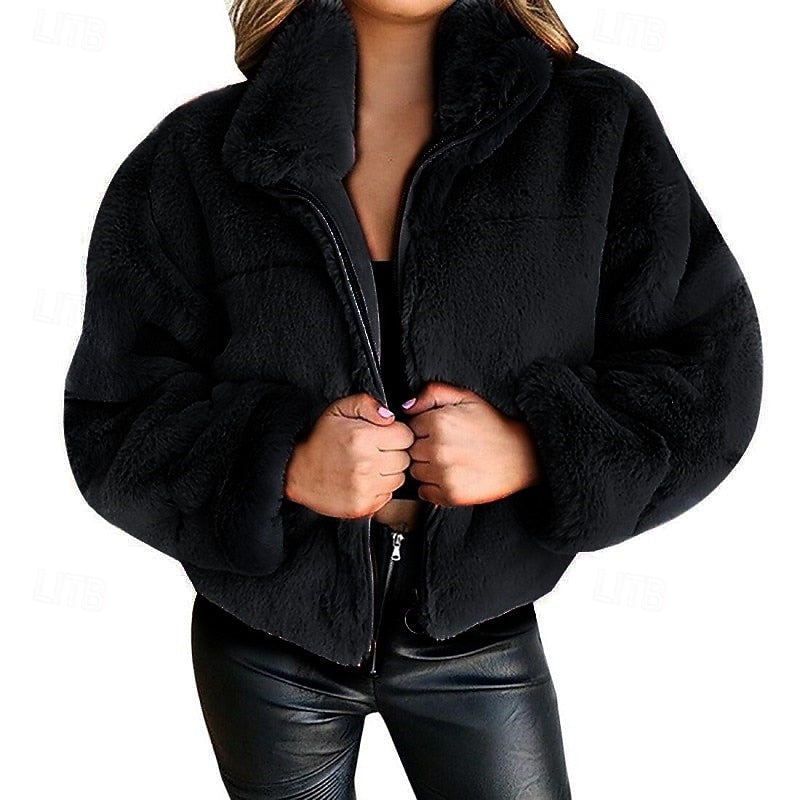 Elvoria | Women's Cropped Faux Fur Zip-Up Jacket