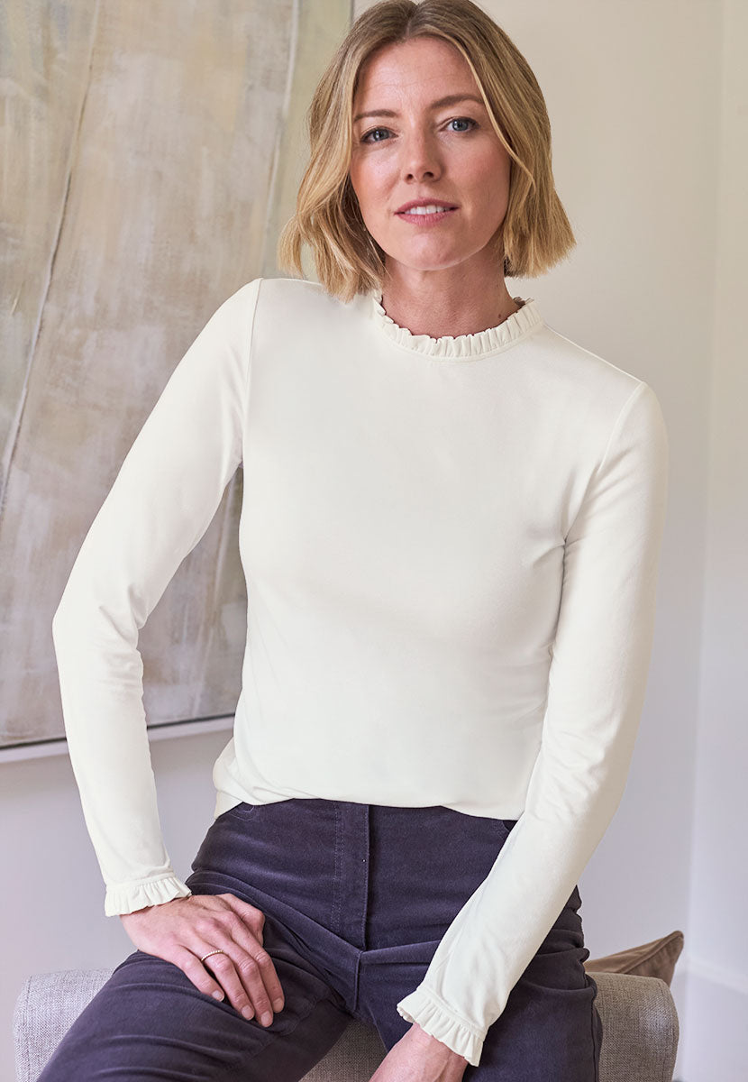 Fleurine | Women’s Soft Stretch Jersey Top with Frill Neckline and Cuffs 1