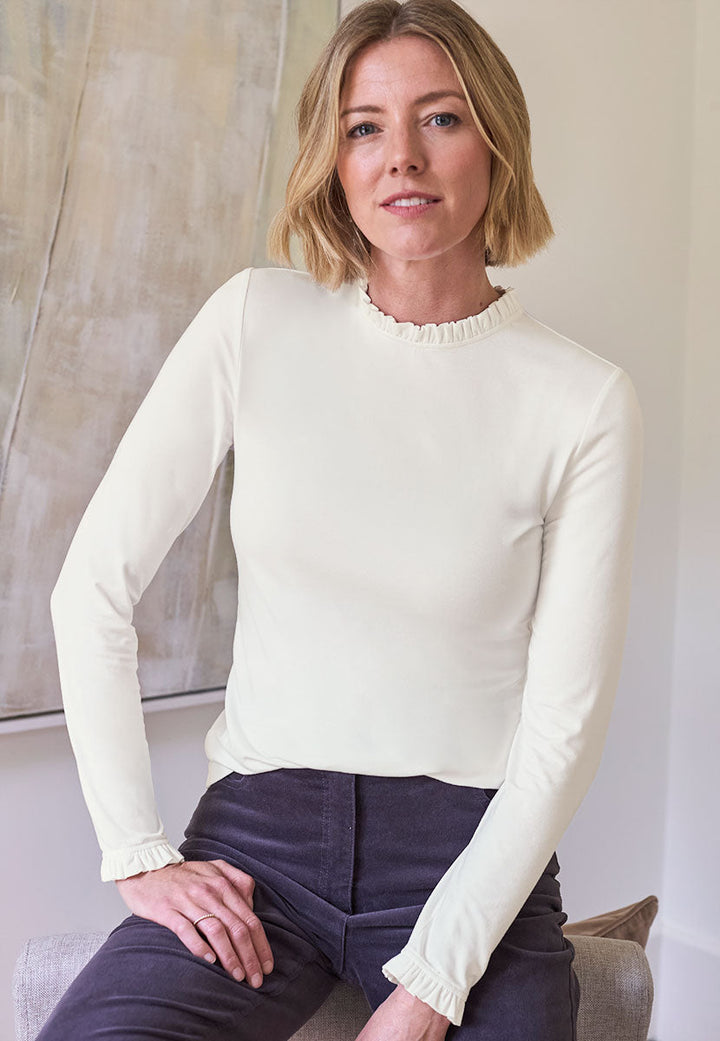 Fleurine | Women’s Soft Stretch Jersey Top with Frill Neckline and Cuffs 1