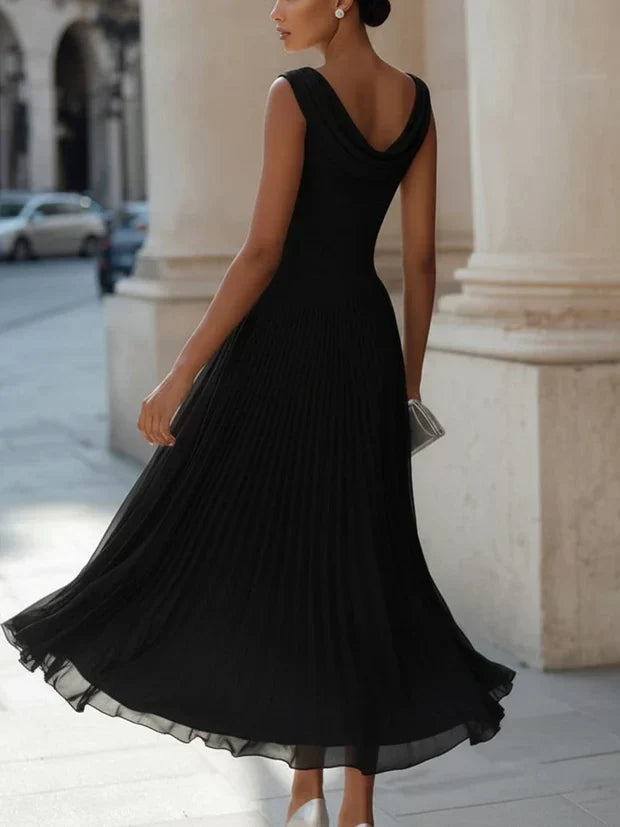 Elovarae | Women's Elegant Draped Neck Pleated Midi Dress 3