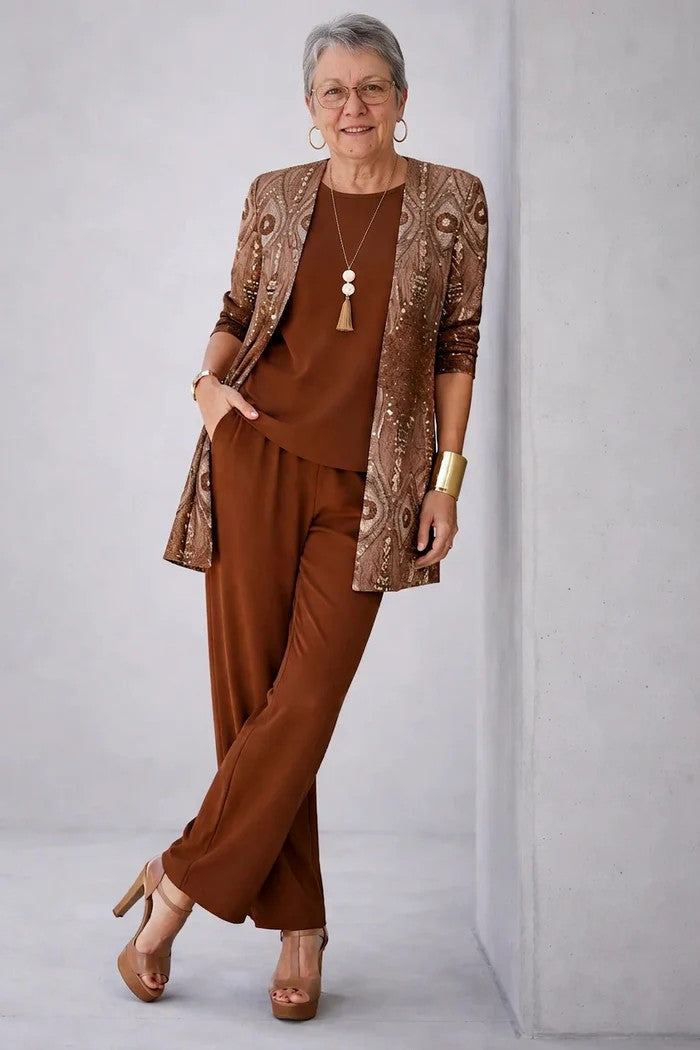 Marovella | Women's Elegant 3-Piece Cardigan, Top & Wide-Leg Trouser Set 9