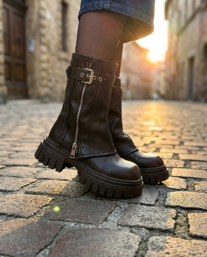 Vantessa | Women's Buckle Platform Mid-Calf Biker Boots 1