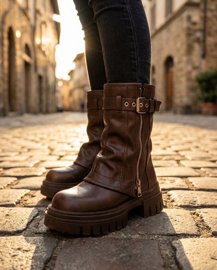 Vantessa | Women's Buckle Platform Mid-Calf Biker Boots 4