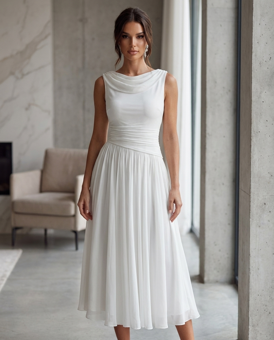 Elovarae | Women's Elegant Draped Neck Pleated Midi Dress 1