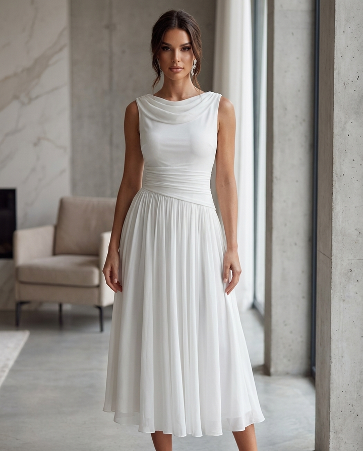 Elovarae | Women's Elegant Draped Neck Pleated Midi Dress 1