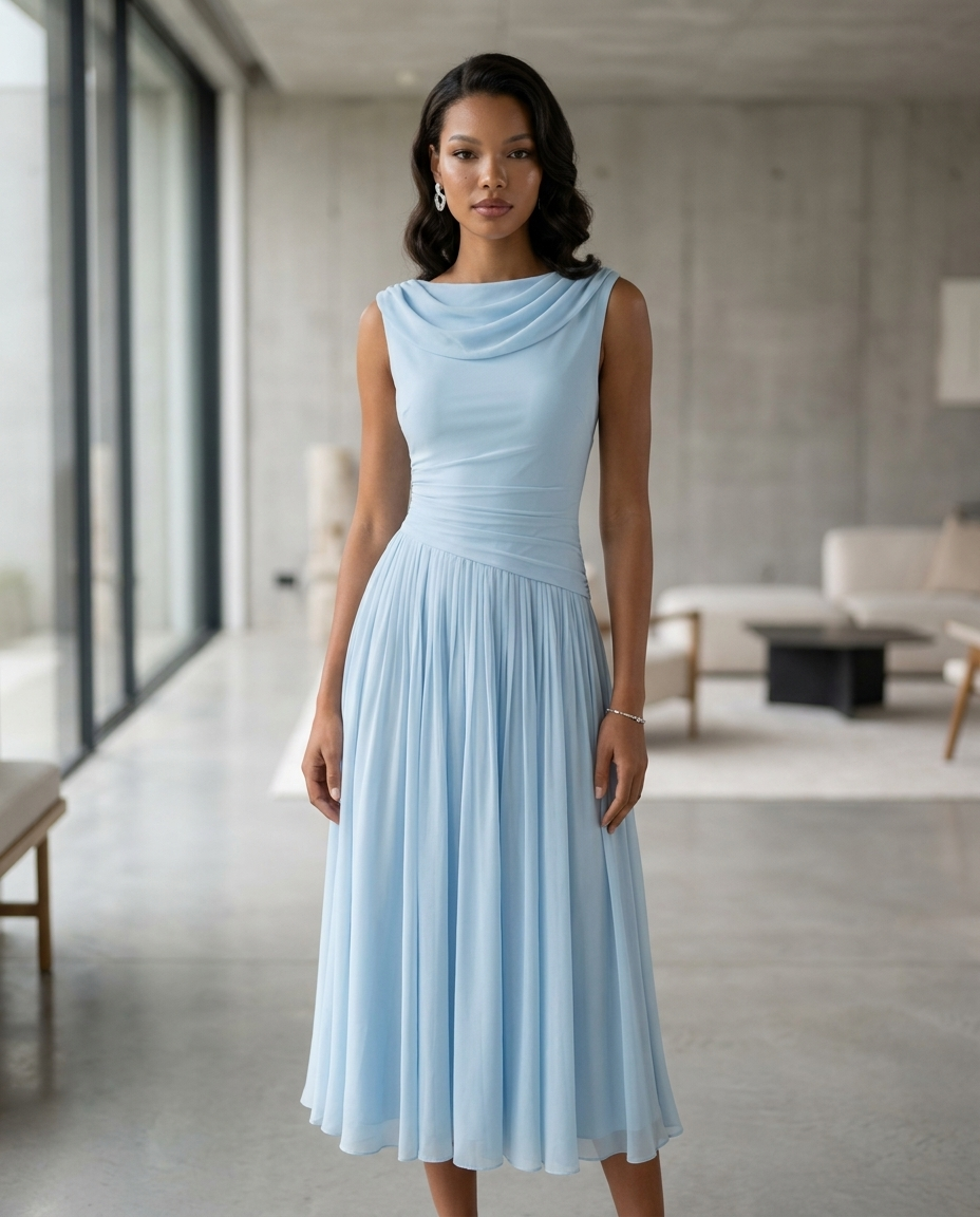Elovarae | Women's Elegant Draped Neck Pleated Midi Dress 4