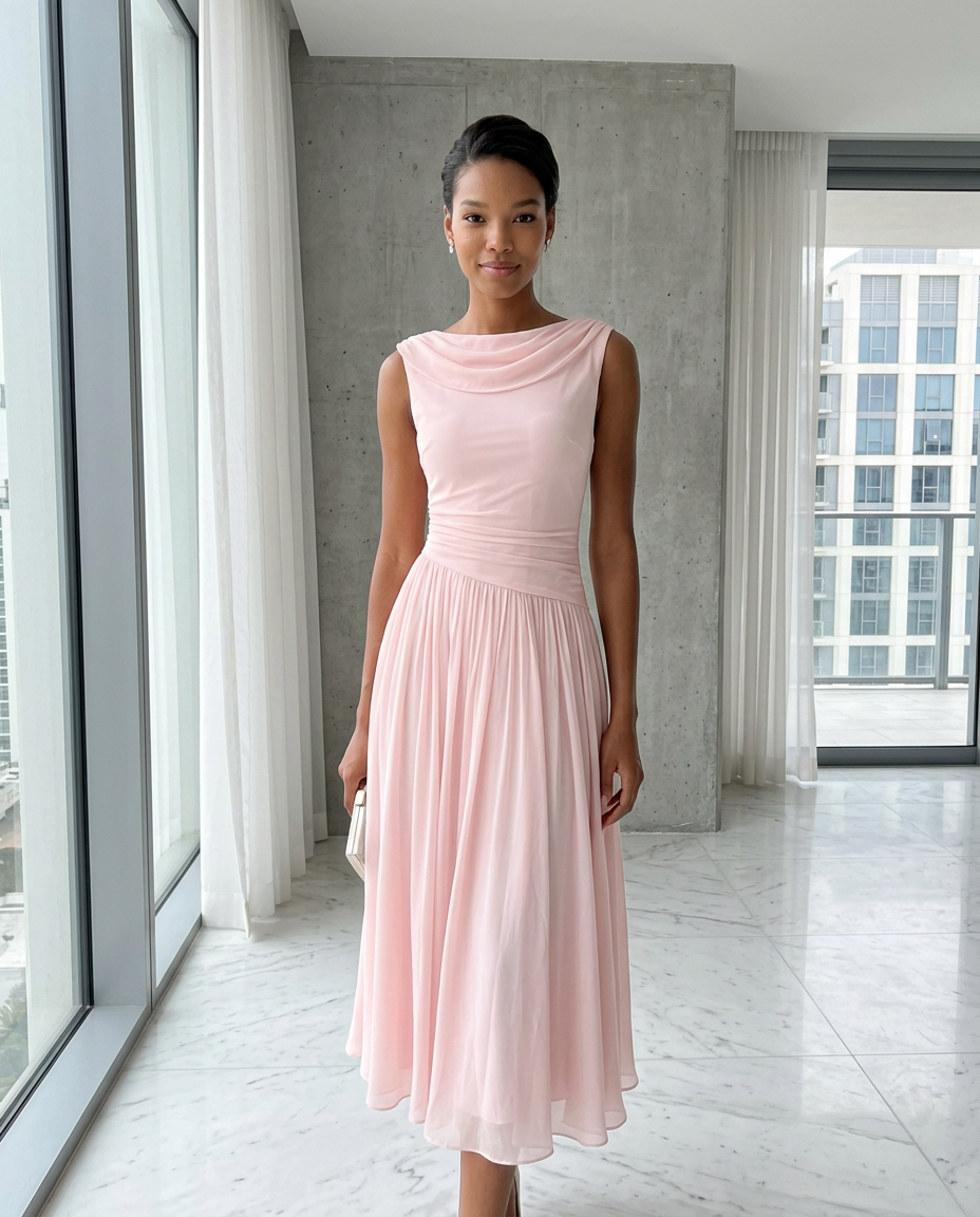 Elovarae | Women's Elegant Draped Neck Pleated Midi Dress 5