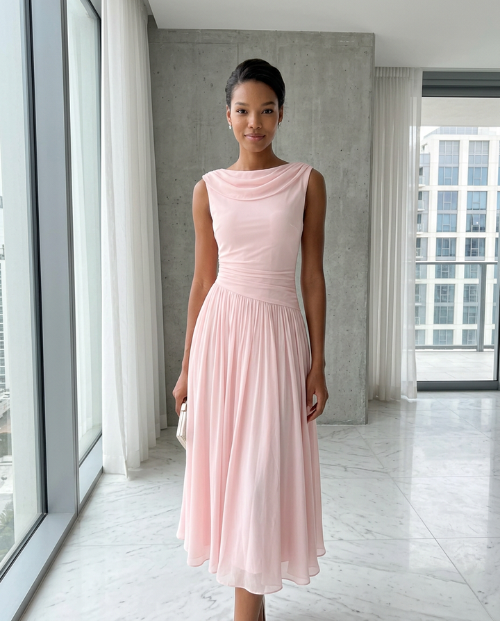 Elovarae | Women's Elegant Draped Neck Pleated Midi Dress 5