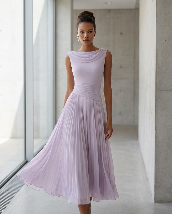 Elovarae | Women's Elegant Draped Neck Pleated Midi Dress 6