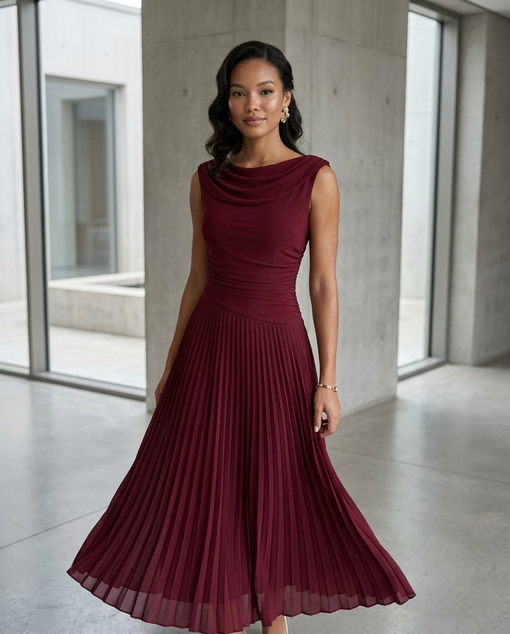 Elovarae | Women's Elegant Draped Neck Pleated Midi Dress 7