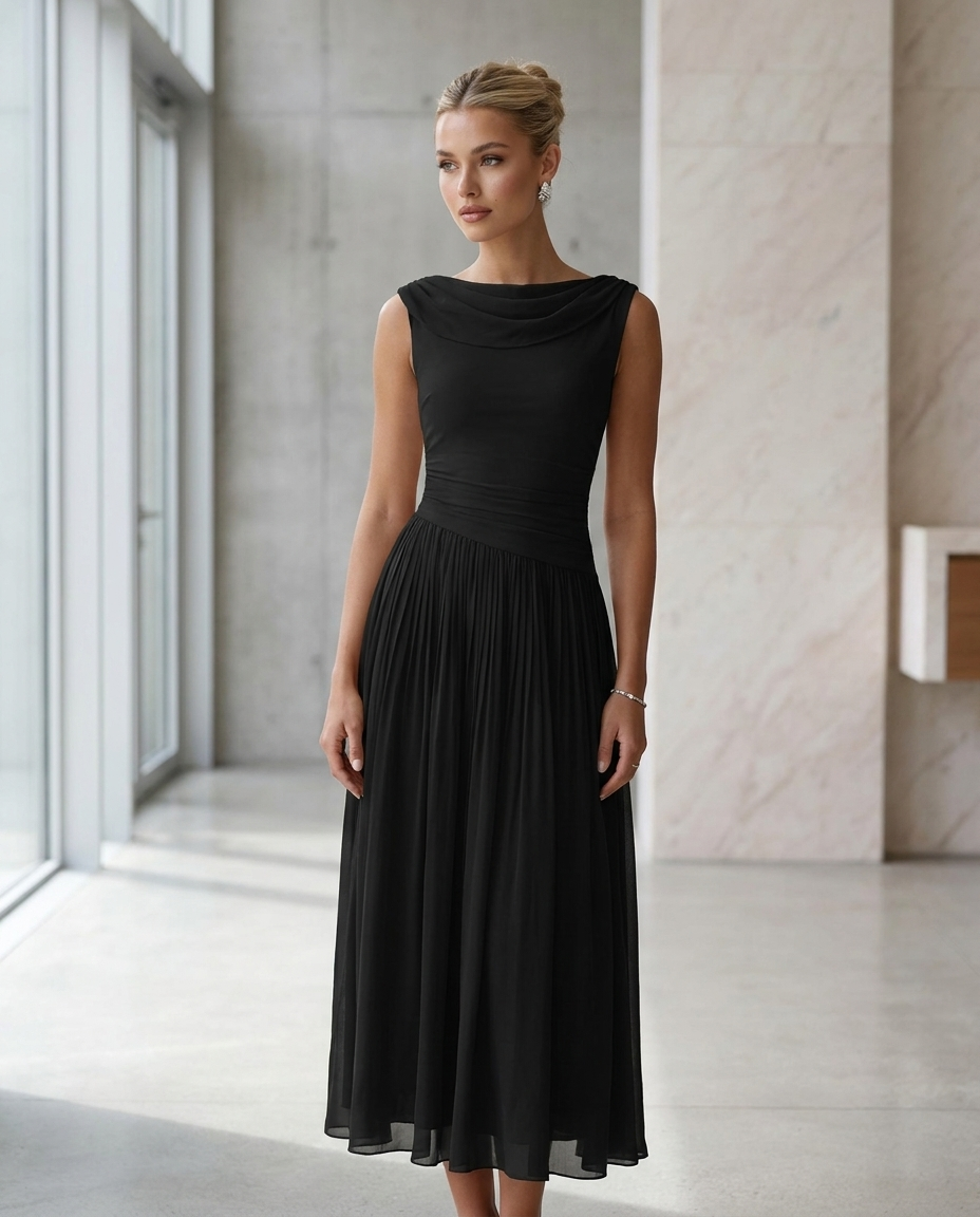 Elovarae | Women's Elegant Draped Neck Pleated Midi Dress 2