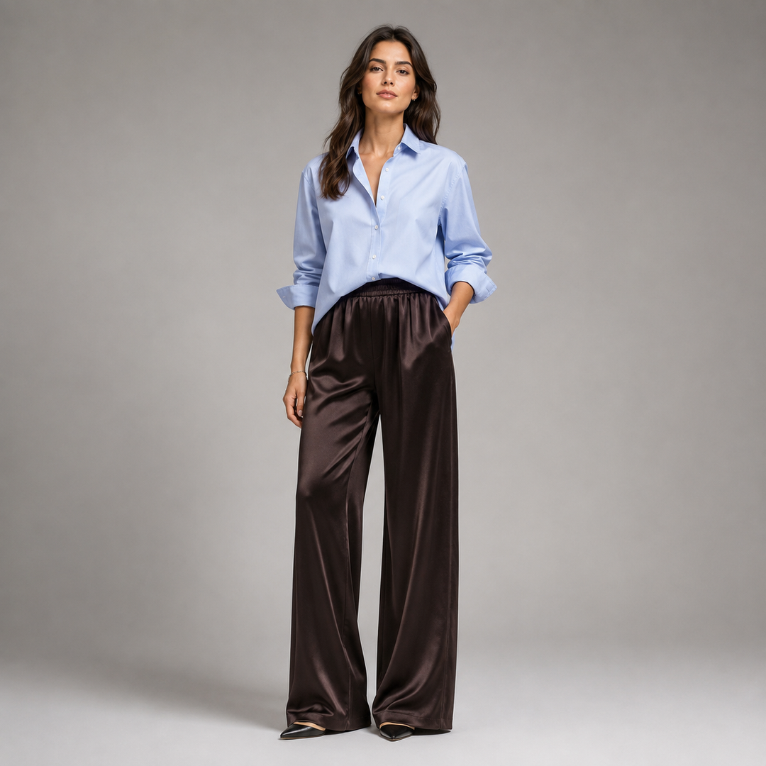 Satelisse | Women's Elegant High-Waisted Satin Wide-Leg Trousers 1