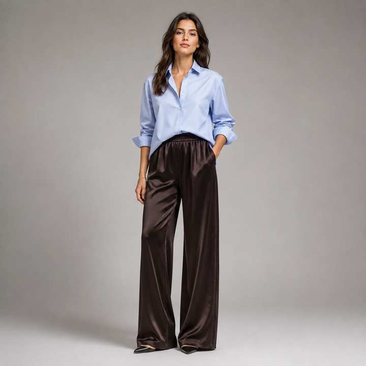 Satelisse | Women's Elegant High-Waisted Satin Wide-Leg Trousers 1